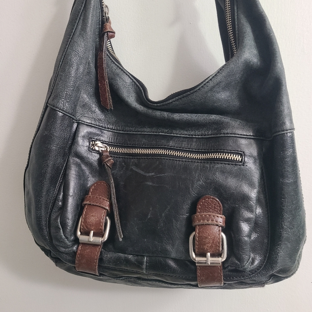Tano Distressed Leather Hobo Shoulder Stylish Chic Gray and Brown Women's Bag